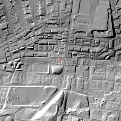 Shaded relief map of the ground around B192ER, computed from Environment Agency LiDAR. The ground here sits at about 112 m above sea level and falls 22 m across the surrounding 800 m. Surface water reaching this point runs off ground lying to the north-north-west, 19.7 m higher.