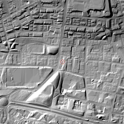 Shaded relief map of the ground around B192HE, computed from Environment Agency LiDAR. The ground here sits at about 111 m above sea level and falls 20 m across the surrounding 800 m. Surface water reaching this point runs off ground lying to the south-south-west, 16.4 m higher.
