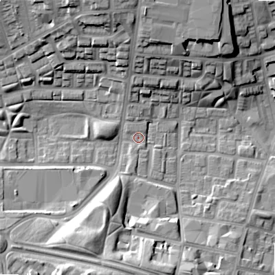 Shaded relief map of the ground around B192HG, computed from Environment Agency LiDAR. The ground here sits at about 111 m above sea level and falls 22 m across the surrounding 800 m. Surface water reaching this point runs off ground lying to the north-north-west, 18.2 m higher.