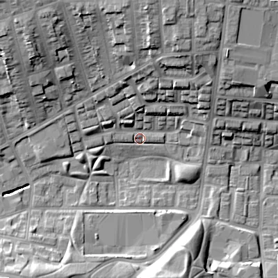 Shaded relief map of the ground around B192HX, computed from Environment Agency LiDAR. The ground here sits at about 112 m above sea level and falls 23 m across the surrounding 800 m. Surface water reaching this point runs off ground lying to the north, 23.2 m higher.