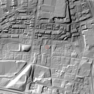 Shaded relief map of the ground around B192JU, computed from Environment Agency LiDAR. The ground here sits at about 111 m above sea level and falls 24 m across the surrounding 800 m. Surface water reaching this point runs off ground lying to the north-north-west, 7.5 m higher.