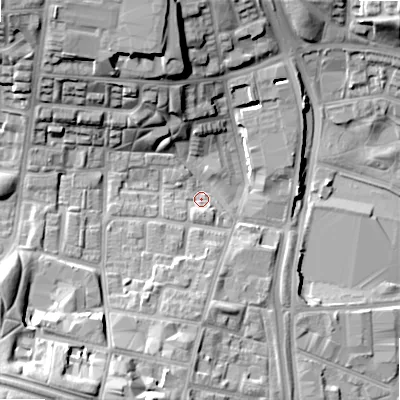 Shaded relief map of the ground around B192JX, computed from Environment Agency LiDAR. The ground here sits at about 108 m above sea level and falls 23 m across the surrounding 800 m. Surface water reaching this point runs off ground lying to the north-west, 17.9 m higher.