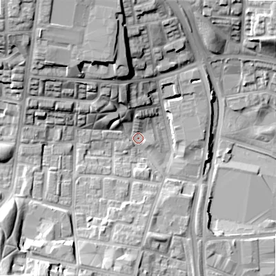 Shaded relief map of the ground around B192LA, computed from Environment Agency LiDAR. The ground here sits at about 108 m above sea level and falls 24 m across the surrounding 800 m. Surface water reaching this point runs off ground lying to the north-west, 20.2 m higher.