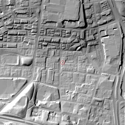 Shaded relief map of the ground around B192LB, computed from Environment Agency LiDAR. The ground here sits at about 110 m above sea level and falls 24 m across the surrounding 800 m. Surface water reaching this point runs off ground lying to the north-west, 8.1 m higher.