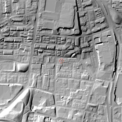 Shaded relief map of the ground around B192LD, computed from Environment Agency LiDAR. The ground here sits at about 110 m above sea level and falls 25 m across the surrounding 800 m. Surface water reaching this point runs off ground lying to the north-north-west, 16.5 m higher.