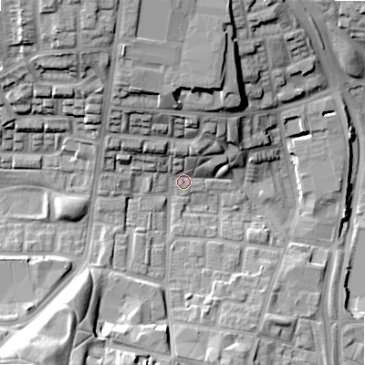 Shaded relief map of the ground around B192LE, computed from Environment Agency LiDAR. The ground here sits at about 110 m above sea level and falls 25 m across the surrounding 800 m. Surface water reaching this point runs off ground lying to the north-north-west, 16.6 m higher.