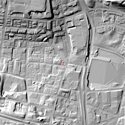 Shaded relief map of the ground around B192NN, computed from Environment Agency LiDAR. The ground here sits at about 109 m above sea level and falls 22 m across the surrounding 800 m. Surface water reaching this point runs off ground lying to the south-south-west, 5.7 m higher.