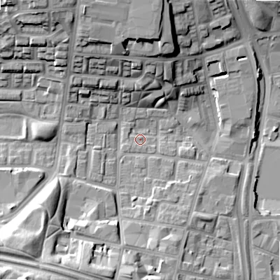 Shaded relief map of the ground around B192NQ, computed from Environment Agency LiDAR. The ground here sits at about 110 m above sea level and falls 23 m across the surrounding 800 m. Surface water reaching this point runs off ground lying to the south-west, 1.7 m higher.