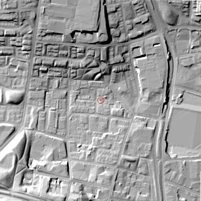Shaded relief map of the ground around B192NS, computed from Environment Agency LiDAR. The ground here sits at about 109 m above sea level and falls 24 m across the surrounding 800 m. Surface water reaching this point runs off ground lying to the north-north-west, 17.4 m higher.