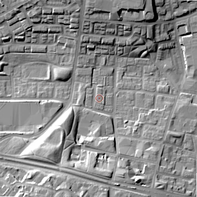 Shaded relief map of the ground around B192PB, computed from Environment Agency LiDAR. The ground here sits at about 112 m above sea level and falls 23 m across the surrounding 800 m. Surface water reaching this point runs off ground lying to the south-west, 3.9 m higher.