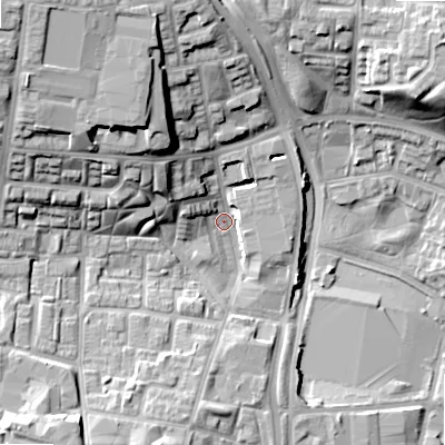 Shaded relief map of the ground around B192RL, computed from Environment Agency LiDAR. The ground here sits at about 107 m above sea level and falls 24 m across the surrounding 800 m. Surface water reaching this point runs off ground lying to the north-west, 22.8 m higher.