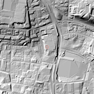 Shaded relief map of the ground around B192SS, computed from Environment Agency LiDAR. The ground here sits at about 109 m above sea level and falls 23 m across the surrounding 800 m. Surface water reaching this point runs off ground lying to the north-west, 21.5 m higher.