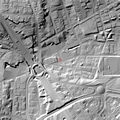 Shaded relief map of the ground around B192TX, computed from Environment Agency LiDAR. The ground here sits at about 114 m above sea level and falls 28 m across the surrounding 800 m. Surface water reaching this point runs off ground lying to the south, 14.5 m higher.