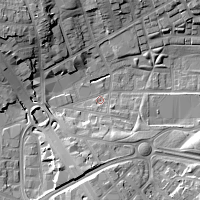 Shaded relief map of the ground around B192TZ, computed from Environment Agency LiDAR. The ground here sits at about 114 m above sea level and falls 27 m across the surrounding 800 m. Surface water reaching this point runs off ground lying to the south-south-west, 3.1 m higher.