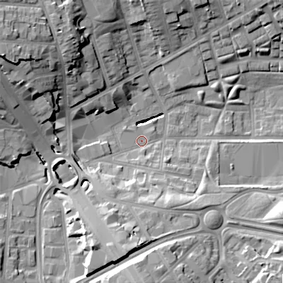 Shaded relief map of the ground around B192UA, computed from Environment Agency LiDAR. The ground here sits at about 113 m above sea level and falls 28 m across the surrounding 800 m. Surface water reaching this point runs off ground lying to the south, 2.9 m higher.