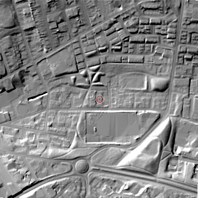 Shaded relief map of the ground around B192UB, computed from Environment Agency LiDAR. The ground here sits at about 111 m above sea level and falls 23 m across the surrounding 800 m. Surface water reaching this point runs off ground lying to the west, 3.2 m higher.