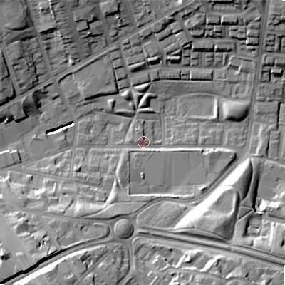 Shaded relief map of the ground around B192UF, computed from Environment Agency LiDAR. The ground here sits at about 113 m above sea level and falls 23 m across the surrounding 800 m. Surface water reaching this point runs off ground lying to the west-north-west, 1.1 m higher.