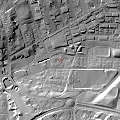 Shaded relief map of the ground around B192UG, computed from Environment Agency LiDAR. The ground here sits at about 112 m above sea level and falls 24 m across the surrounding 800 m. Surface water reaching this point runs off ground lying to the south-south-west, 12.0 m higher.