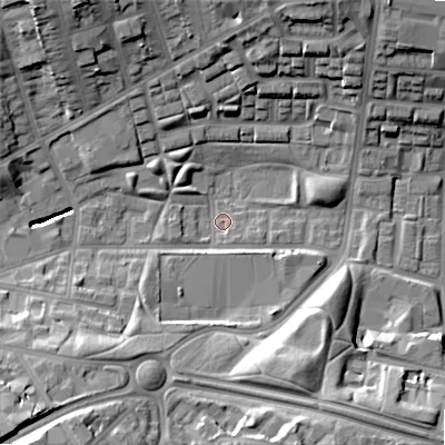 Shaded relief map of the ground around B192UP, computed from Environment Agency LiDAR. The ground here sits at about 111 m above sea level and falls 23 m across the surrounding 800 m. Surface water reaching this point runs off ground lying to the south-east, 4.0 m higher.