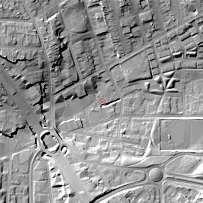 Shaded relief map of the ground around B192XH, computed from Environment Agency LiDAR. The ground here sits at about 112 m above sea level and falls 28 m across the surrounding 800 m. Surface water reaching this point runs off ground lying to the west-north-west, 22.4 m higher.