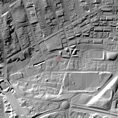 Shaded relief map of the ground around B192XJ, computed from Environment Agency LiDAR. The ground here sits at about 112 m above sea level and falls 23 m across the surrounding 800 m. Surface water reaching this point runs off ground lying to the north-west, 22.7 m higher.
