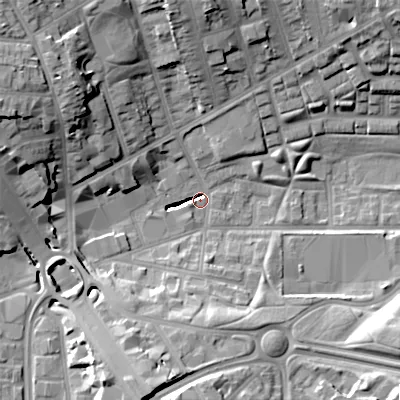 Shaded relief map of the ground around B192XL, computed from Environment Agency LiDAR. The ground here sits at about 112 m above sea level and falls 26 m across the surrounding 800 m. Surface water reaching this point runs off ground lying to the west-north-west, 25.8 m higher.