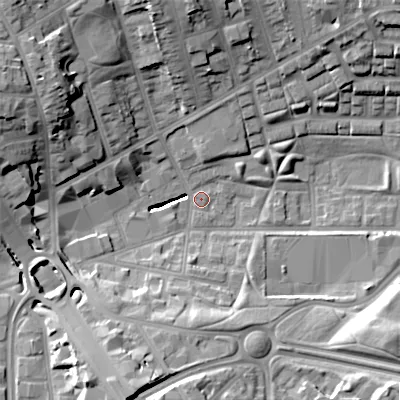Shaded relief map of the ground around B192XS, computed from Environment Agency LiDAR. The ground here sits at about 112 m above sea level and falls 25 m across the surrounding 800 m. Surface water reaching this point runs off ground lying to the north-west, 24.6 m higher.