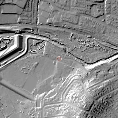 Shaded relief map of the ground around B201EN, computed from Environment Agency LiDAR. The ground here sits at about 101 m above sea level and falls 28 m across the surrounding 800 m. Surface water reaching this point runs off ground lying to the south-south-east, 7.5 m higher.