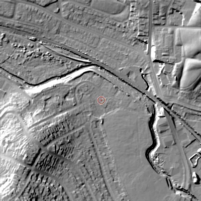 Shaded relief map of the ground around B201EP, computed from Environment Agency LiDAR. The ground here sits at about 101 m above sea level and falls 38 m across the surrounding 800 m. Surface water reaching this point runs off ground lying to the south-west, 34.0 m higher.