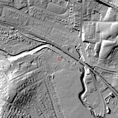 Shaded relief map of the ground around B201EQ, computed from Environment Agency LiDAR. The ground here sits at about 101 m above sea level and falls 34 m across the surrounding 800 m. Surface water reaching this point runs off ground lying to the south-west, 24.9 m higher.