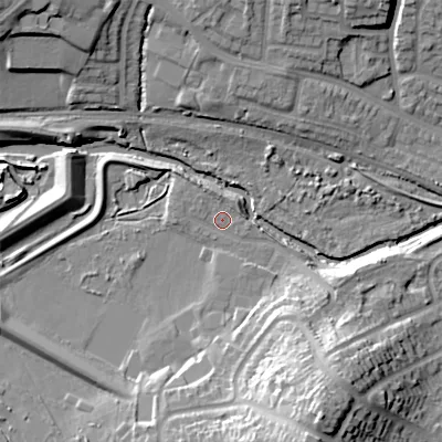 Shaded relief map of the ground around B201EW, computed from Environment Agency LiDAR. The ground here sits at about 101 m above sea level and falls 28 m across the surrounding 800 m. Surface water reaching this point runs off ground lying to the west, 0.9 m higher.