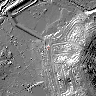 Shaded relief map of the ground around B201HL, computed from Environment Agency LiDAR. The ground here sits at about 110 m above sea level and falls 38 m across the surrounding 800 m. Surface water reaching this point runs off ground lying to the south-east, 26.9 m higher.