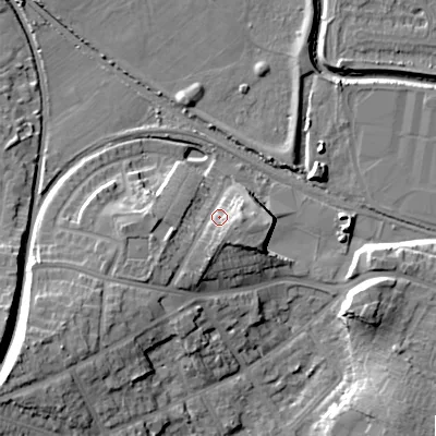 Shaded relief map of the ground around B202AS, computed from Environment Agency LiDAR. The ground here sits at about 105 m above sea level and falls 22 m across the surrounding 800 m. Surface water reaching this point runs off ground lying to the south-south-west, 7.5 m higher.