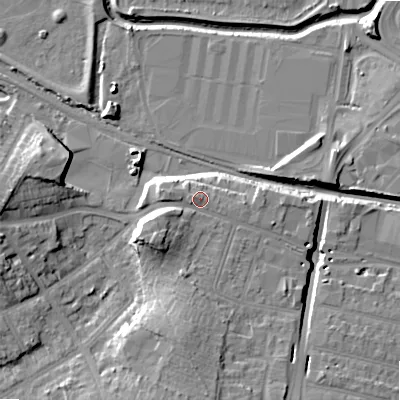 Shaded relief map of the ground around B202QQ, computed from Environment Agency LiDAR. The ground here sits at about 105 m above sea level and falls 16 m across the surrounding 800 m. Surface water reaching this point runs off ground lying to the south-west, 5.7 m higher.