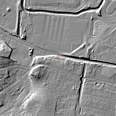 Shaded relief map of the ground around B202QU, computed from Environment Agency LiDAR. The ground here sits at about 102 m above sea level and falls 16 m across the surrounding 800 m. Surface water reaching this point runs off ground lying to the west-south-west, 13.3 m higher.