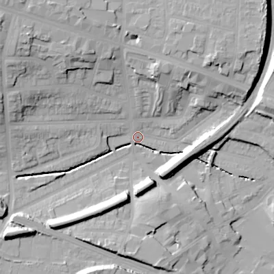 Shaded relief map of the ground around B210SX, computed from Environment Agency LiDAR. The ground here sits at about 122 m above sea level and falls 29 m across the surrounding 800 m. Surface water reaching this point runs off ground lying to the north-west, 26.0 m higher.