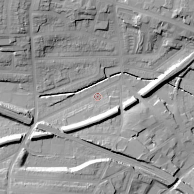 Shaded relief map of the ground around B210SY, computed from Environment Agency LiDAR. The ground here sits at about 123 m above sea level and falls 31 m across the surrounding 800 m. Surface water reaching this point runs off ground lying to the south-west, 19.2 m higher.