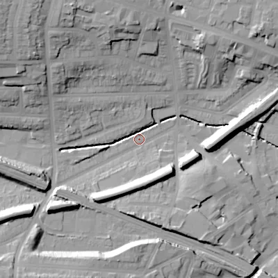 Shaded relief map of the ground around B210TD, computed from Environment Agency LiDAR. The ground here sits at about 122 m above sea level and falls 32 m across the surrounding 800 m. Surface water reaching this point runs off ground lying to the north-west, 30.8 m higher.