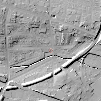 Shaded relief map of the ground around B210TE, computed from Environment Agency LiDAR. The ground here sits at about 123 m above sea level and falls 30 m across the surrounding 800 m. Surface water reaching this point runs off ground lying to the north-west, 28.0 m higher.