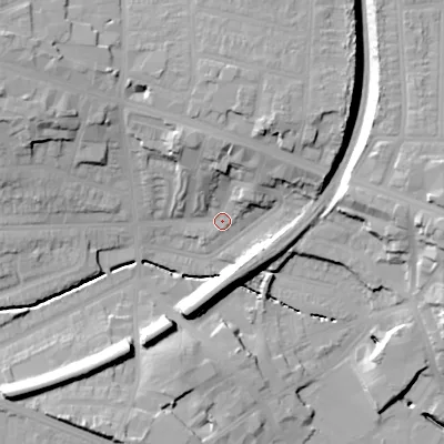 Shaded relief map of the ground around B210UQ, computed from Environment Agency LiDAR. The ground here sits at about 122 m above sea level and falls 27 m across the surrounding 800 m. Surface water reaching this point runs off ground lying to the north-north-east, 17.5 m higher.