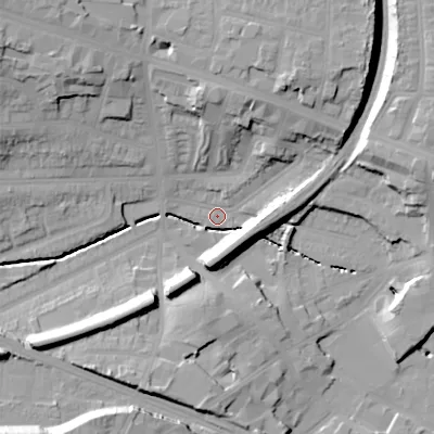 Shaded relief map of the ground around B210UR, computed from Environment Agency LiDAR. The ground here sits at about 121 m above sea level and falls 27 m across the surrounding 800 m. Surface water reaching this point runs off ground lying to the north, 20.3 m higher.