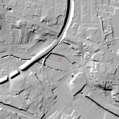 Shaded relief map of the ground around B210US, computed from Environment Agency LiDAR. The ground here sits at about 120 m above sea level and falls 28 m across the surrounding 800 m. Surface water reaching this point runs off ground lying to the north-east, 24.5 m higher.