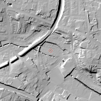 Shaded relief map of the ground around B210UT, computed from Environment Agency LiDAR. The ground here sits at about 119 m above sea level and falls 28 m across the surrounding 800 m. Surface water reaching this point runs off ground lying to the south-west, 17.3 m higher.