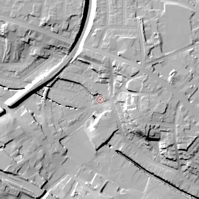 Shaded relief map of the ground around B210UU, computed from Environment Agency LiDAR. The ground here sits at about 123 m above sea level and falls 28 m across the surrounding 800 m. Surface water reaching this point runs off ground lying to the north-east, 19.2 m higher.