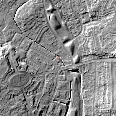 Shaded relief map of the ground around B235AQ, computed from Environment Agency LiDAR. The ground here sits at about 111 m above sea level and falls 18 m across the surrounding 800 m. Surface water reaching this point runs off ground lying to the west, 15.1 m higher.