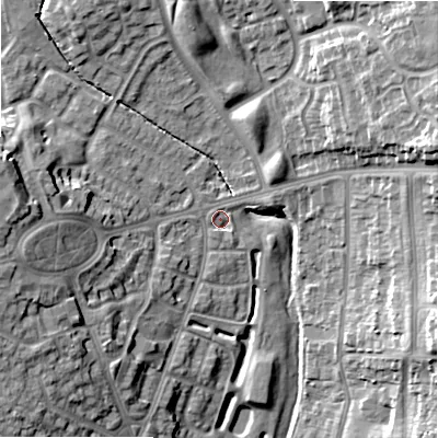 Shaded relief map of the ground around B235BN, computed from Environment Agency LiDAR. The ground here sits at about 110 m above sea level and falls 18 m across the surrounding 800 m. Surface water reaching this point runs off ground lying to the west-north-west, 15.1 m higher.