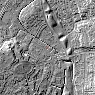 Shaded relief map of the ground around B235BS, computed from Environment Agency LiDAR. The ground here sits at about 112 m above sea level and falls 19 m across the surrounding 800 m. Surface water reaching this point runs off ground lying to the west, 14.0 m higher.