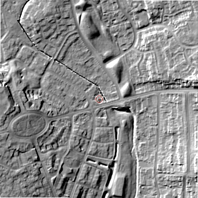 Shaded relief map of the ground around B235BW, computed from Environment Agency LiDAR. The ground here sits at about 111 m above sea level and falls 18 m across the surrounding 800 m. Surface water reaching this point runs off ground lying to the north-east, 15.4 m higher.