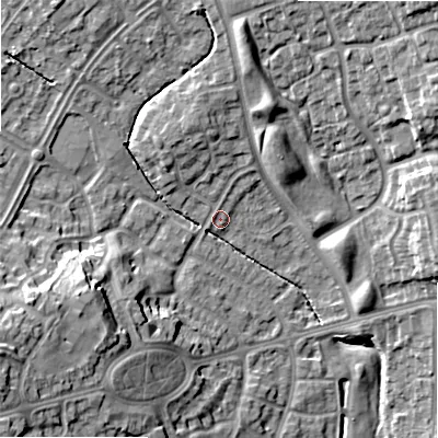 Shaded relief map of the ground around B235BY, computed from Environment Agency LiDAR. The ground here sits at about 113 m above sea level and falls 20 m across the surrounding 800 m. Surface water reaching this point runs off ground lying to the north-north-west, 4.6 m higher.