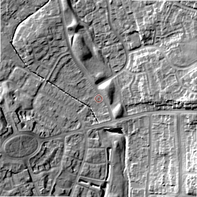 Shaded relief map of the ground around B235DG, computed from Environment Agency LiDAR. The ground here sits at about 111 m above sea level and falls 22 m across the surrounding 800 m. Surface water reaching this point runs off ground lying to the north-east, 17.0 m higher.